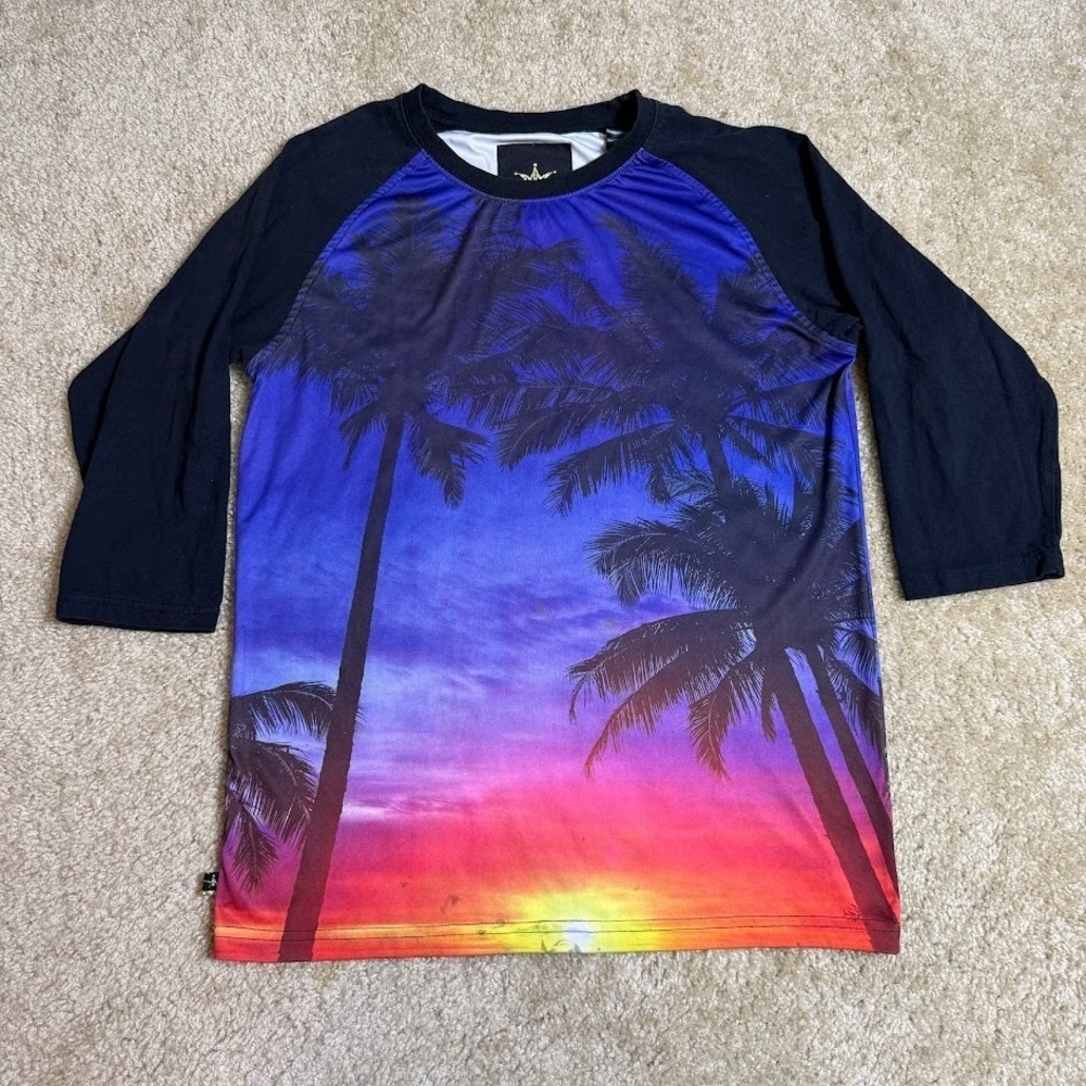 Maxi Millian Snoop 71 Shirt Mens M Black Purple‎ Sunset Graphic 3/4 Sleeve